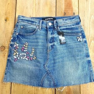 Express Blue Denim Mini Skirt with Multi-Color Jewel Embellishments